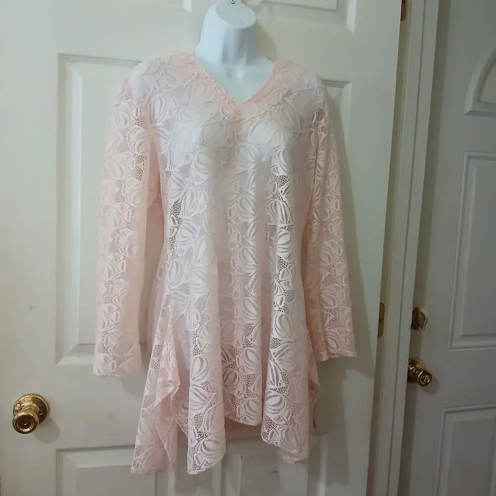 Lulu-B Swim Cover Up Womens L Pink Lace Hooded Tunic Long Sleeve Beach Boho NWT